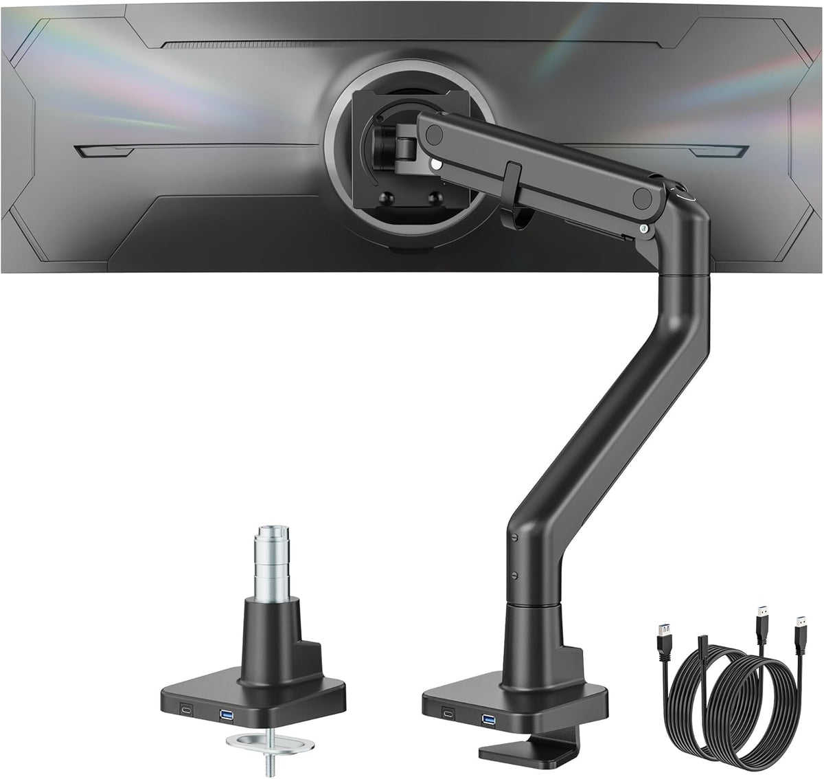 monTEK Single Monitor Arm with USB A/C, Ultrawide Monitor Stand for 17 to 57 Inch Curved Screen, Holds 59.4 lbs, Adjustable Gas Spring Arm, 75/100 VESA Mount, Clamp & Grommet Desk Mount, Black