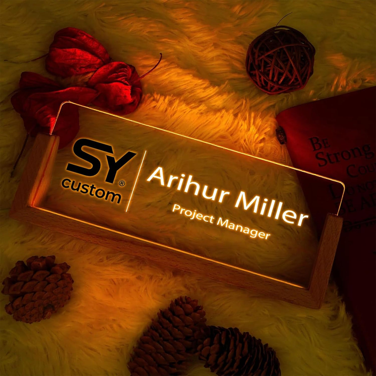 Custom Name Plate for Desk with Light Up Acrylic & Wooden Base - Personalized Office Sign for Teacher, Boss, Coworker - Employee Appreciation Gift for Educators Professionals