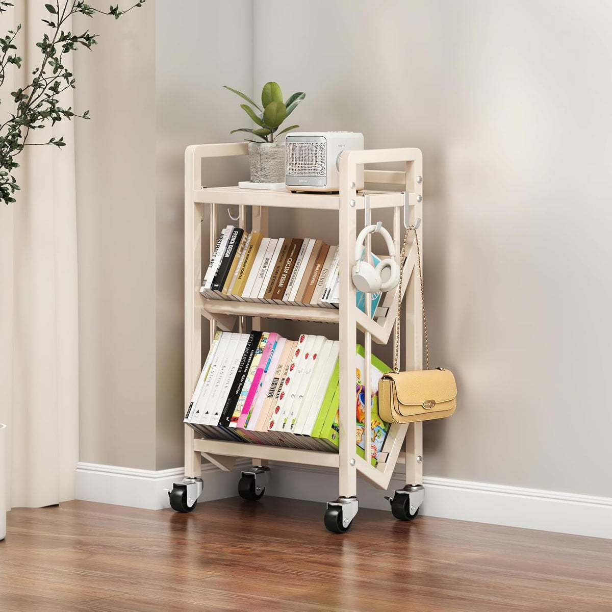 Bookshelf Movable Book Cart Multi-Layer Storage Rack Large-Capacity Rolling Cart L-Shaped Carbon Steel Shelf Suitable for Storing Books, Magazines, Newspapers, Shoes