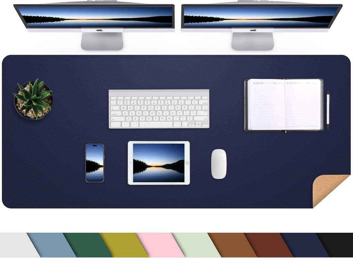 AFIING Leather Desk pad Protector, Large Non-Slip Office Desk Mat with Natural Cork & PU Leather, Waterproof Writing Mouse Pad for Office and Home (55in*17in,Blue)