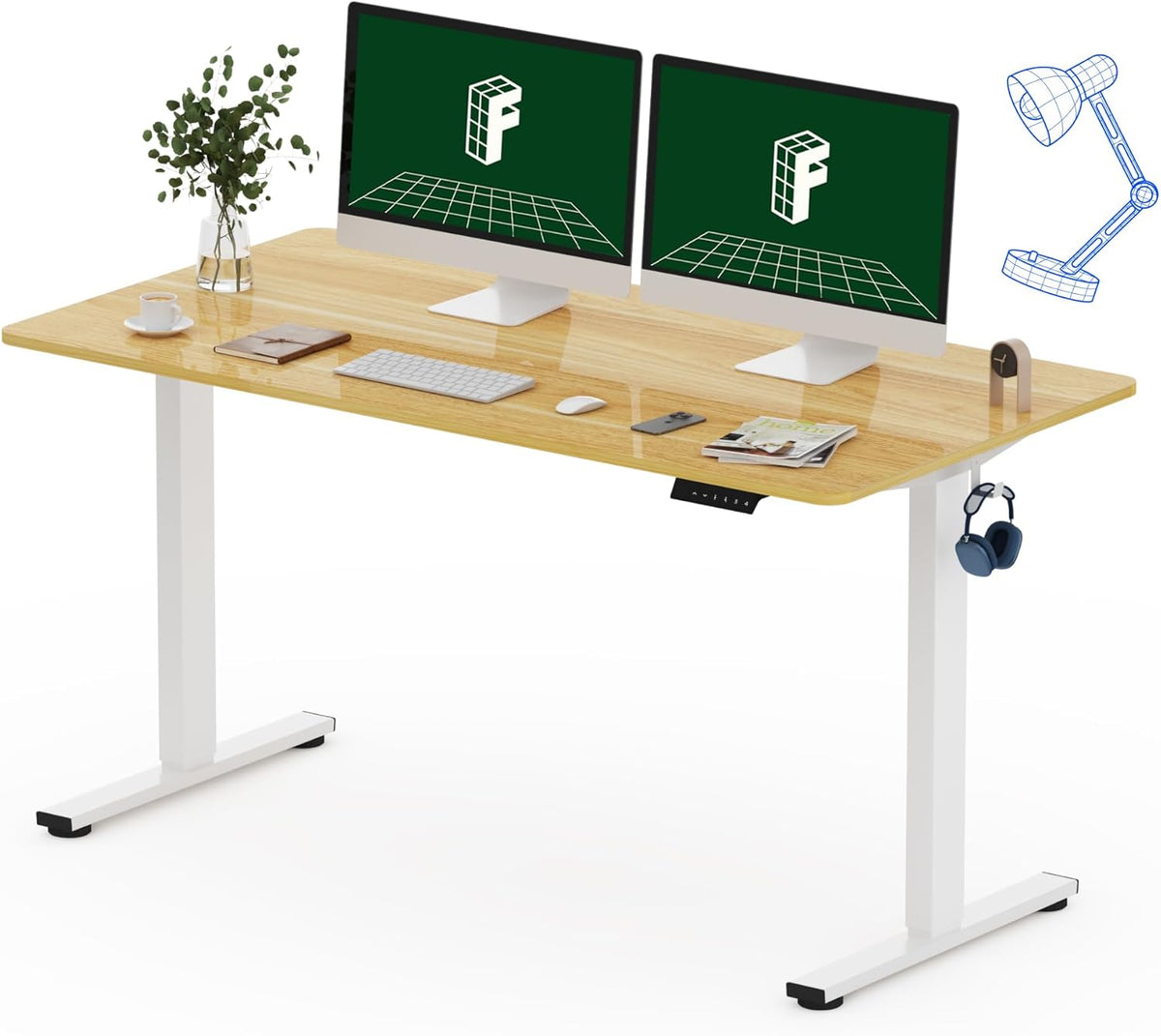 FLEXISPOT One-Piece Electric Standing Desk, 55 x 28 Inches Adjustable Desk with Seamless Desktop, Memory Controller Height Adjustment (White Frame + Maple Desktop, 2 Packages)