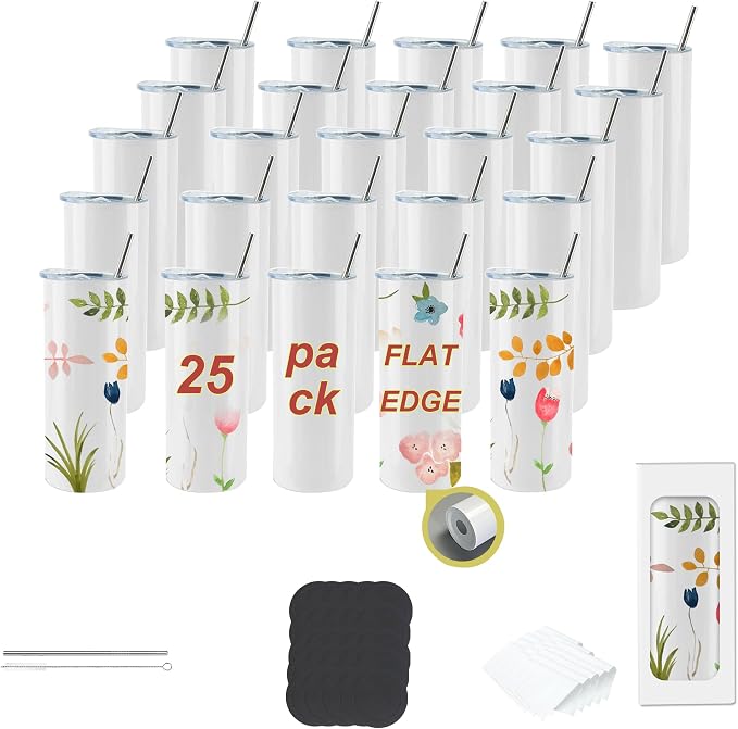 25pack 20oz flat edge sublimation tumblers ，White skinny insulated Sublimation tumbler Straight Cups with Individual Gift Box, Silicone Bottom Polymer Coating for Heat Transfer （25pack 20oz）