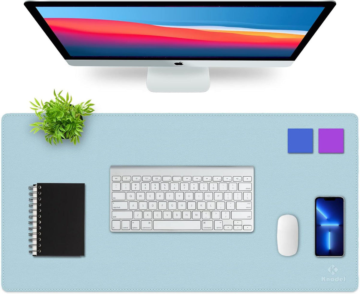 K KNODEL Desk Mat, Blotter, Dual-Sided Office Desk Pad, Waterproof Desk Mat for Desktop, Desk Blotters, PVC Leather Pad Protector (Light Blue, 31.5" x 15.7")