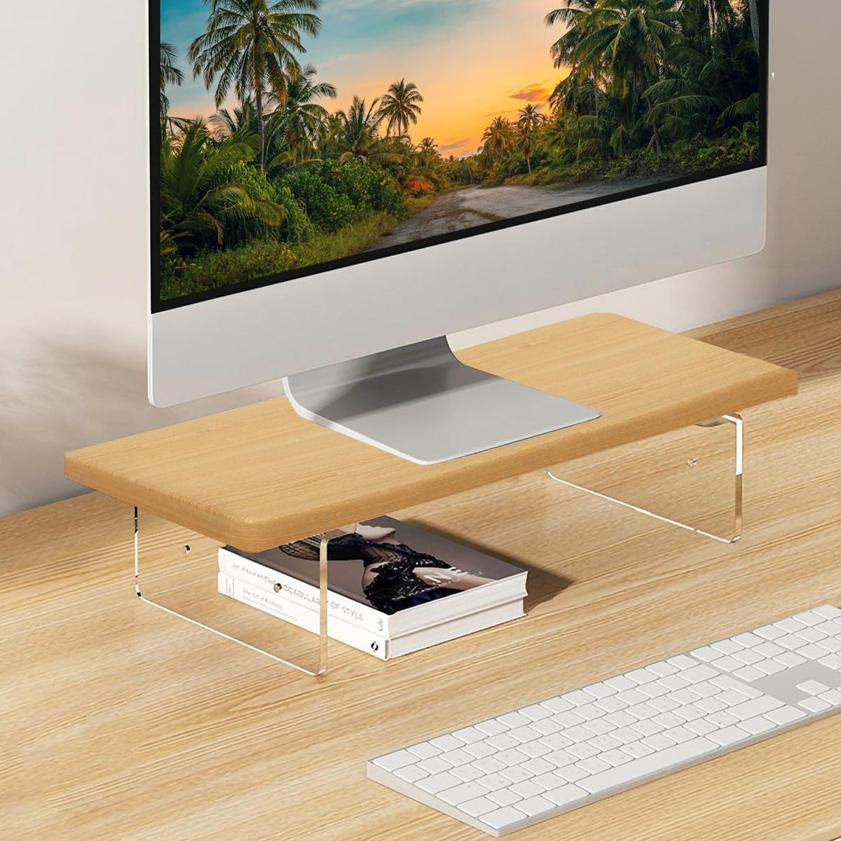 Monitor Stand Riser 2.16/3.34 Inch 2 Height Adjustments Acrylic Stand with Installation Tool, Desk Organizer Accessories Office Desk Storage Rack Screen/PC/Printer/Laptop Riser 7.8 x 15.7 Inch (Maple)