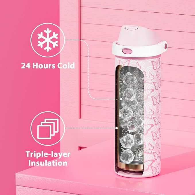 24 oz Insulated Water Bottle with Straw: Meoky Stainless Steel Metal Water Bottle with 2-in-1 Lid - Leak Proof, Cold for 24 Hours, Protective Silicone Base, BPA-Free for Sports Travel Car, Butterfly