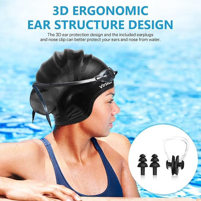 Swim Cap for Long Hair, Silicone Swimming Cap for Adult Women Men with 3D Ear Protection, Waterproof Large Swim Hats Bathing Caps to Keep Hair Dry with Ear Plugs Nose Clip