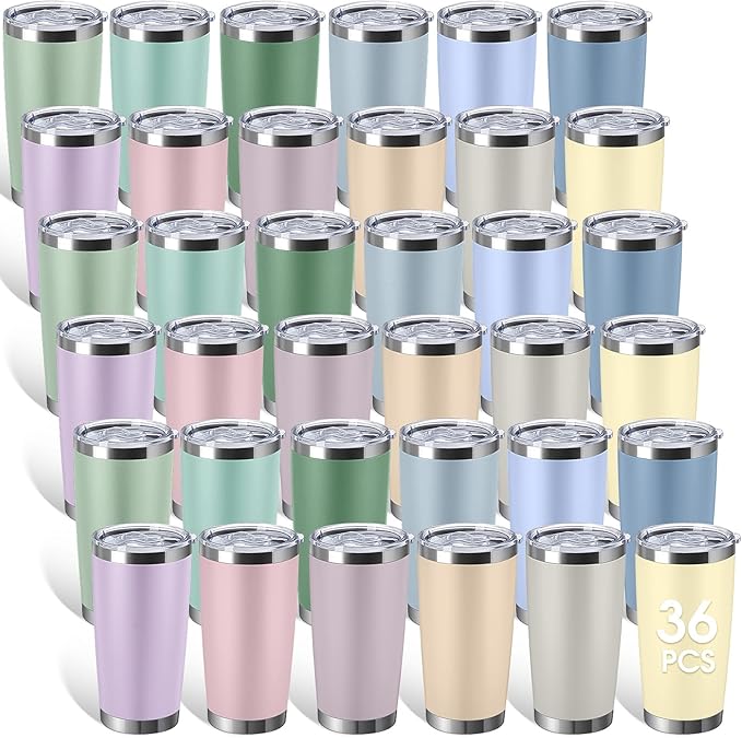 Sieral 36 Pack Stainless Steel Tumblers Bulk with Lids Double Wall Vacuum Insulated Coffee Cups Blank leakproof Powder Coated Tumblers for Engraving Wedding Graduation Party Favors(20 oz,Matte Color)