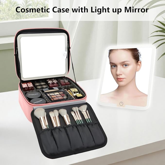 Travel Makeup Bag with LED Mirror Travel Makeup Organizer with 3 Lighted