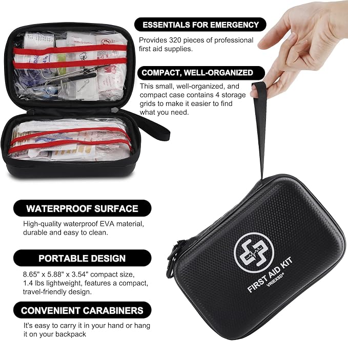 Premium First Aid Kit, 320 Piece Waterproof Hard Shell Eva First Aid Kit
