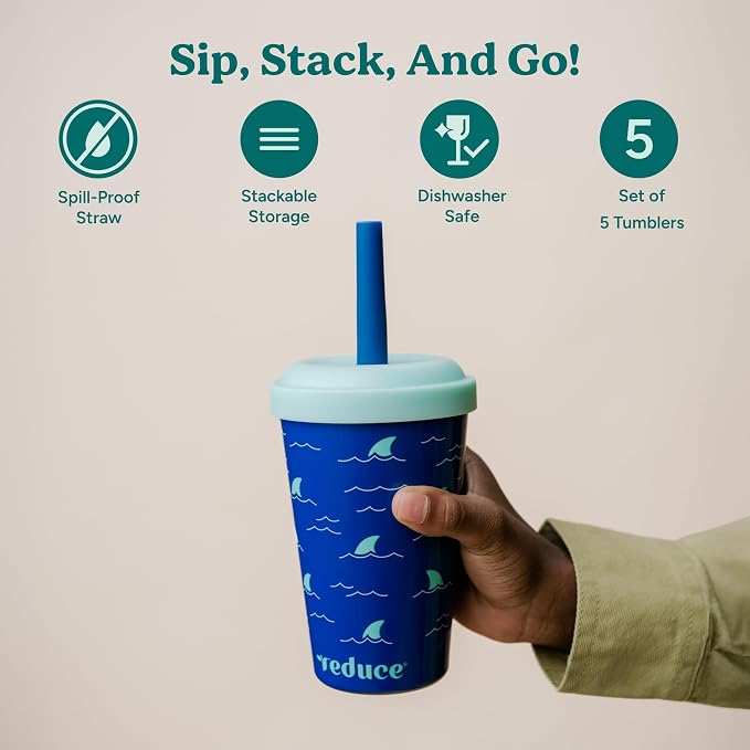 REDUCE GoGo's Kids Portable Tumbler Cups with Lids and Spill-Proof Straws - 5 Pack of Stackable 12 oz Tumblers with Twist-On Lids - Easy Storage, Dishwasher Safe - New Explorer