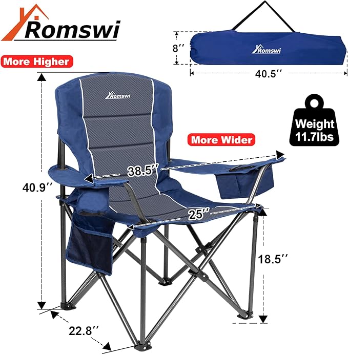 Romswi Oversized Camping Chairs, Heavy Duty Support 500 LBS, Padded Back & Arm