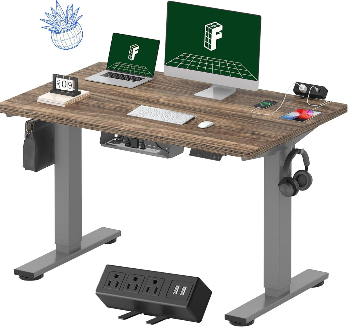 FLEXISPOT EN2 Whole-Piece Standing Desk with Clamp Power Strip, 48 x 30 Electric Stand Up Height Adjustable Desk with Cable Management (Gray Frame + 48" Black Walnut Desktop, 2 Packages)