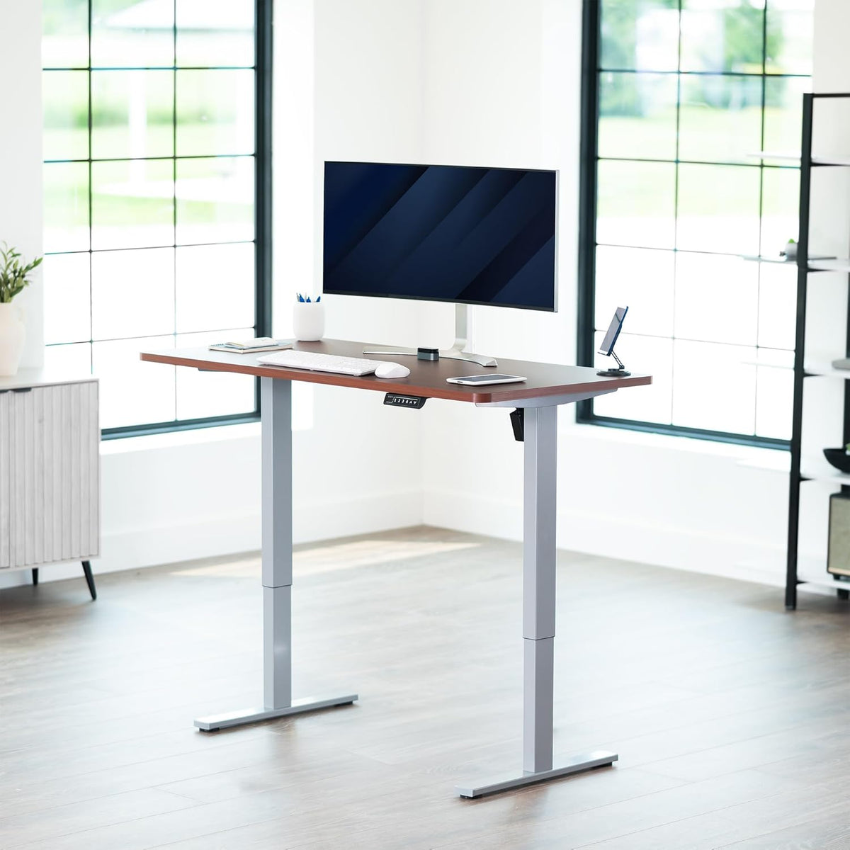 VIVO Electric 55 x 28 in Standing Desk, Memory Height Adjustment, 1B Series, One-Piece Dark Walnut Top, Gray Frame, DESK-KIT-1G55D