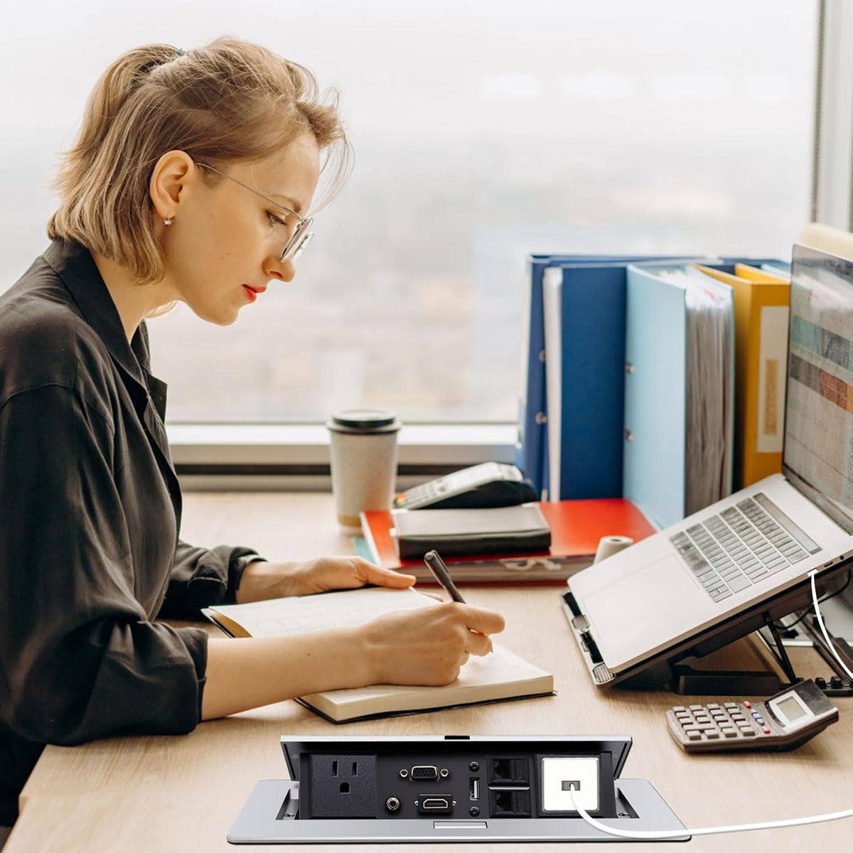 Pop Up Outlet; Pop up Power Strip; Embedded countertop Connection Outlet Box; 2 Outlets Max Power 1875W,HDMI USB VGA 3.5mm Audio Network Port Conference Table Multimedia Outlet Box -Silver