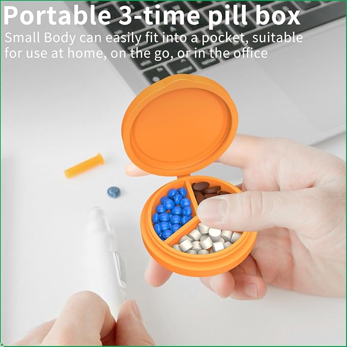 2 Pack Small Pill Box, 3 Compartment Round Silicone Travel Pill Box
