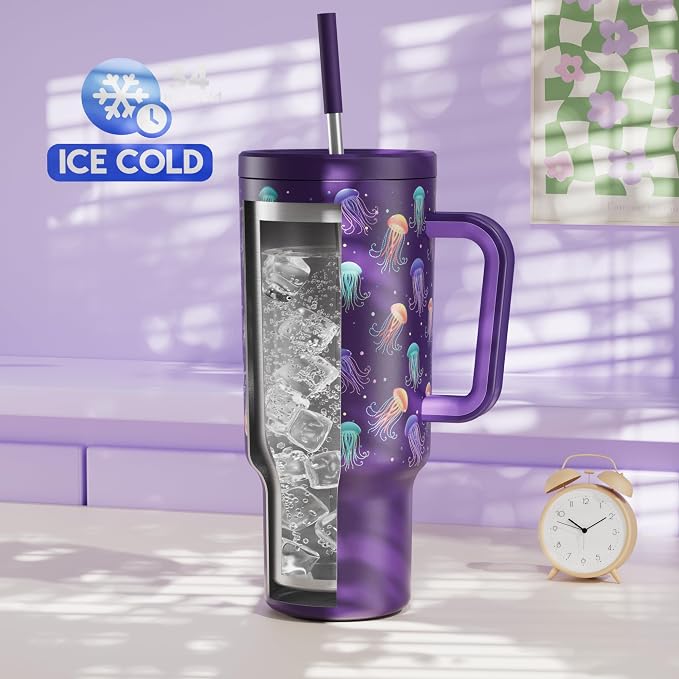 Meoky 40 oz Tumbler with Handle and Straw: Glow in the Dark Tumbler with Lid and Straw - Stainless Steel Insulated Tumbler for Car Cup Holders - Travelers Commuters Workers, Jellyfish