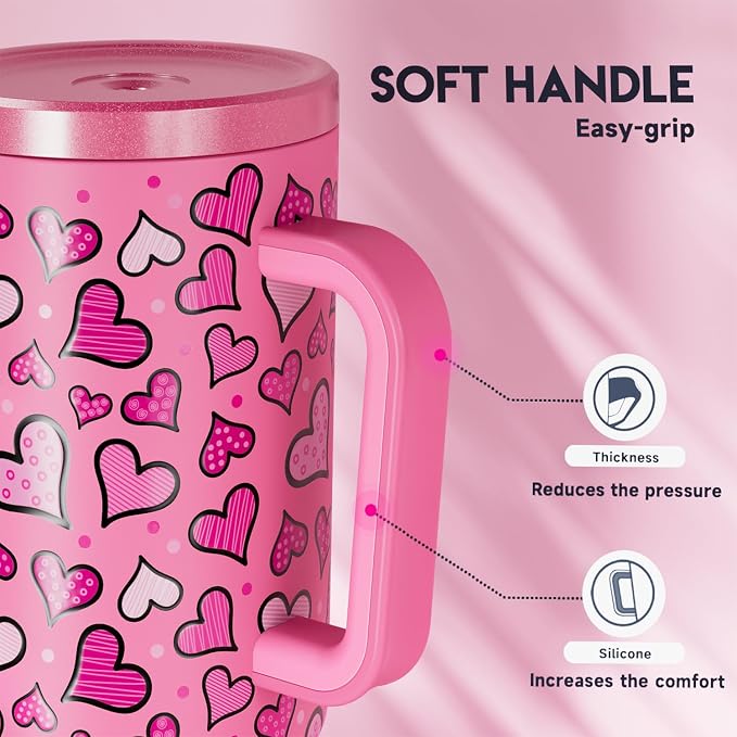 Meoky 40 oz Tumbler with Handle and Straw: Stainless Steel Insulated Tumbler with Lid and Straw - 100% Leak Proof Tumbler for Car Cup Holders - Travelers Commuters Workers, Blush Heart