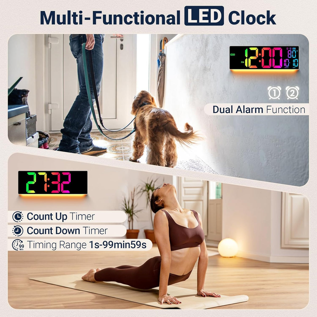 16.5" Large Digital Wall Clock: 11 RGB Colors Wall Mount Decor Clock for Living Room Bedroom Office Classroom, House Warming Gifts New Home Decor, Birthday Gifts for Men Women Khaki