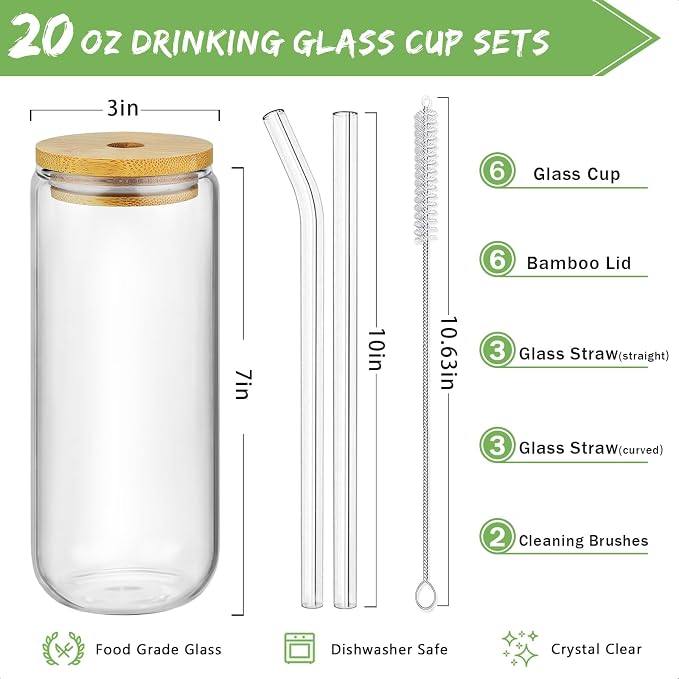 SENTVEND 20 Oz Drinking Glasses with Bamboo Lids and Glass Straw - 6 Pcs Glass Cups Beer Ice Coffee Glasses Cute Aesthetic Cup Great for Coffee Bar Accessories Include 2 Cleaning Brushes