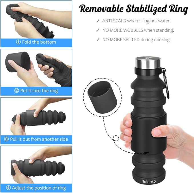 Nefeeko Collapsible Water Bottle, Reuseable BPA Free Silicone Foldable Water