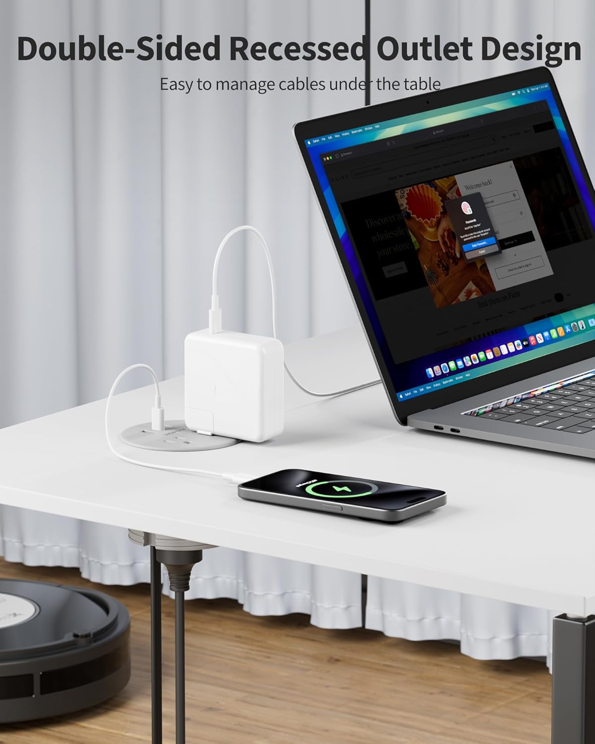 Recessed Desk Power Grommet with 4 AC Outlets 3 USB Ports (2USB C), Dual-Sided Flush Mount Outlet Charging Station for Desktop, Conference Room, Furniture Table, 6.5 FT Cord, Grey