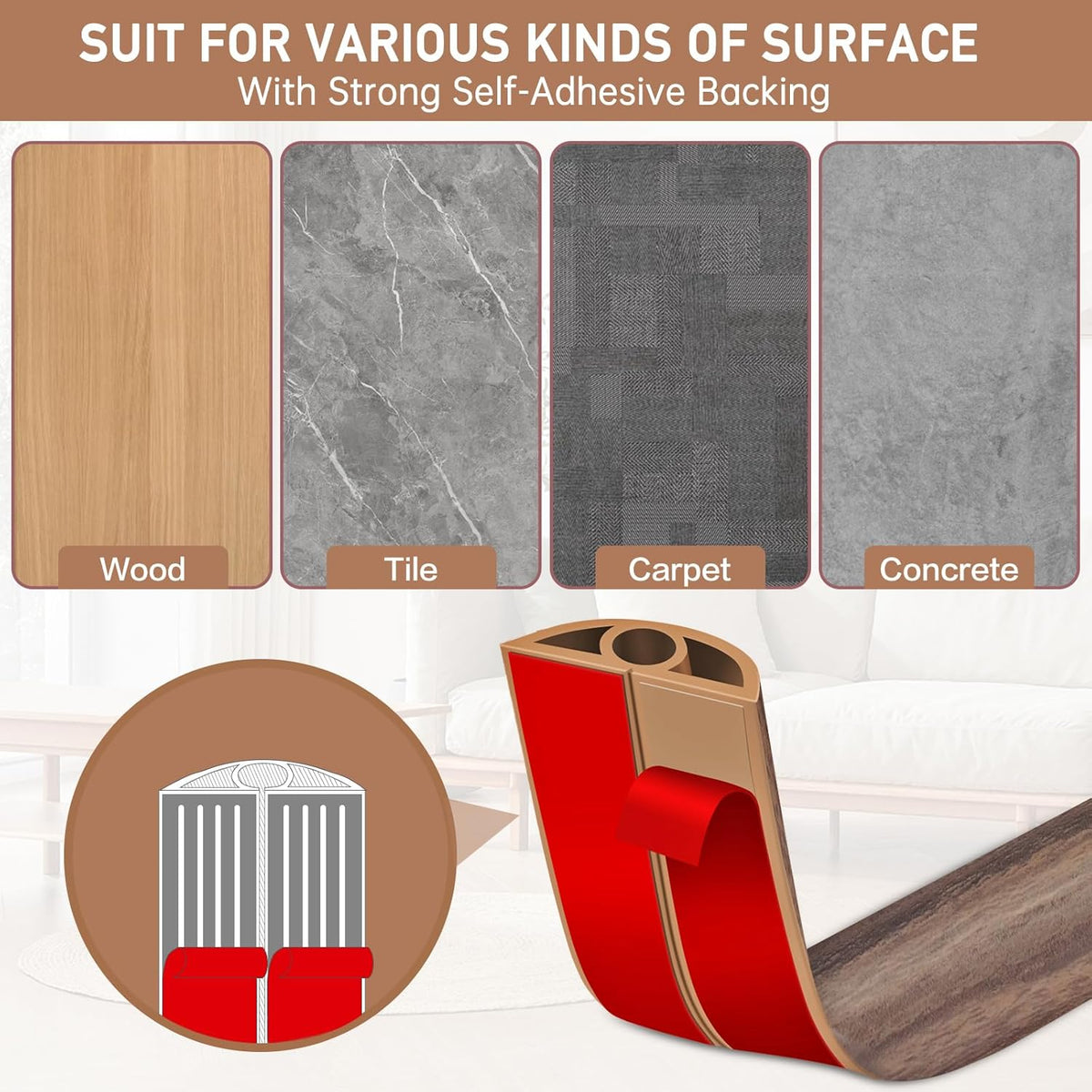 Floor Cord Cover Self Adhesive Cord Hider Floor Extension Cord Covers for Floor Power Cord Protector Cable Management Prevent Cable Trips Cable Cavity 0.32" W x 0.32" H (Smoked Brown Wood, 3.3Ft)
