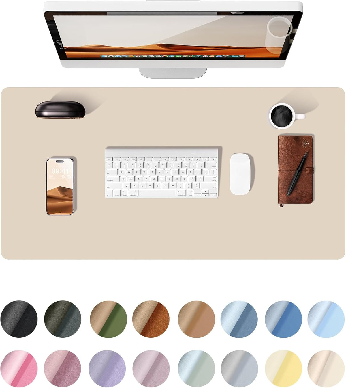 YSAGi Leather Desk Protector, Office Mat, Large Mouse Mat, Non-Slip PU Leather Blotter, Laptop Desk, Waterproof Writing Pad for Office and Home (Eggshell, 35.4" x 17")