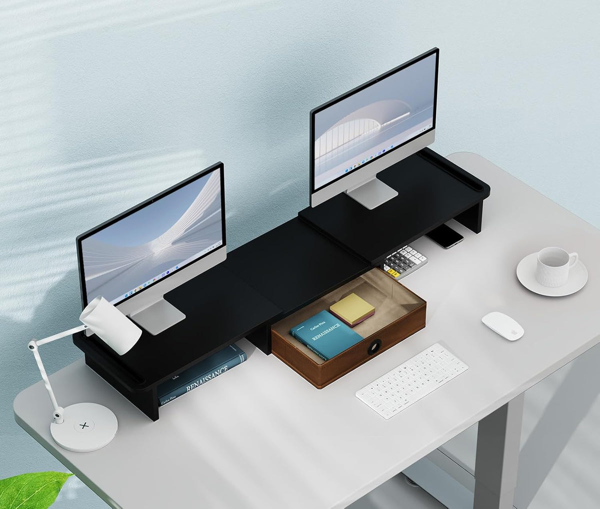 Dual Monitor Stand Riser with Drawer-Adjustable Length and Angle, Monitor Stand Riser for 2 Monitors, Desktop Organizer Stand for Computer/Laptop/PC/Printer (Black)