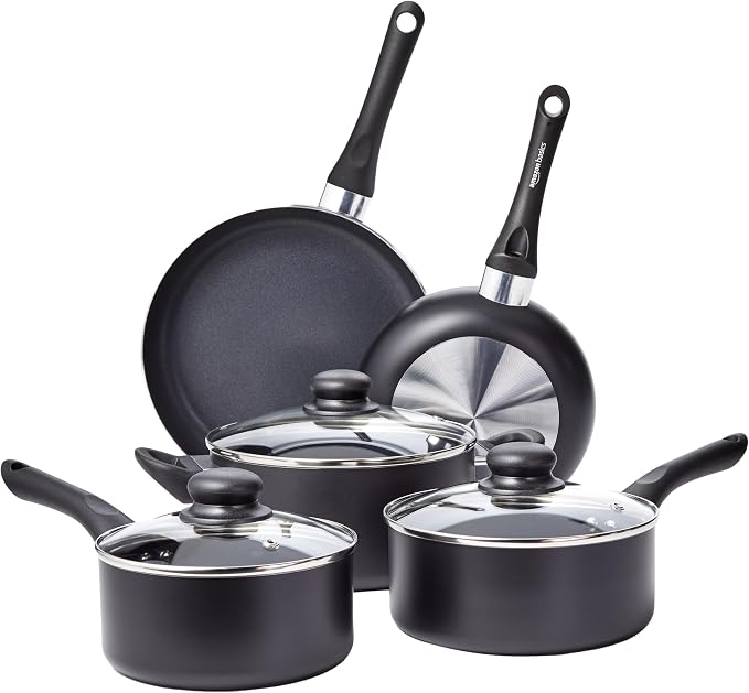 Amazon Basics Non Stick Kitchen Cookware 8-Piece Set, Non-Induction, Includes