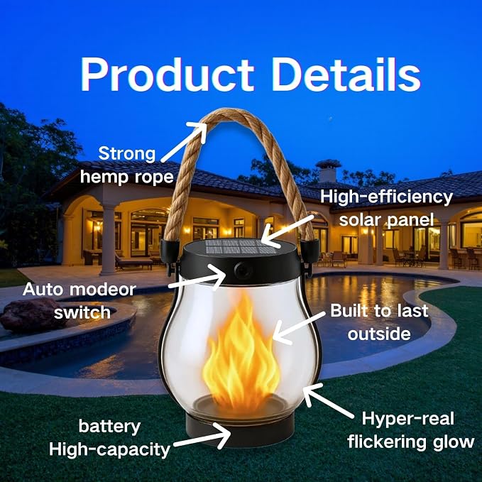 Solar Lantern Outdoor Lights, Flickering LED