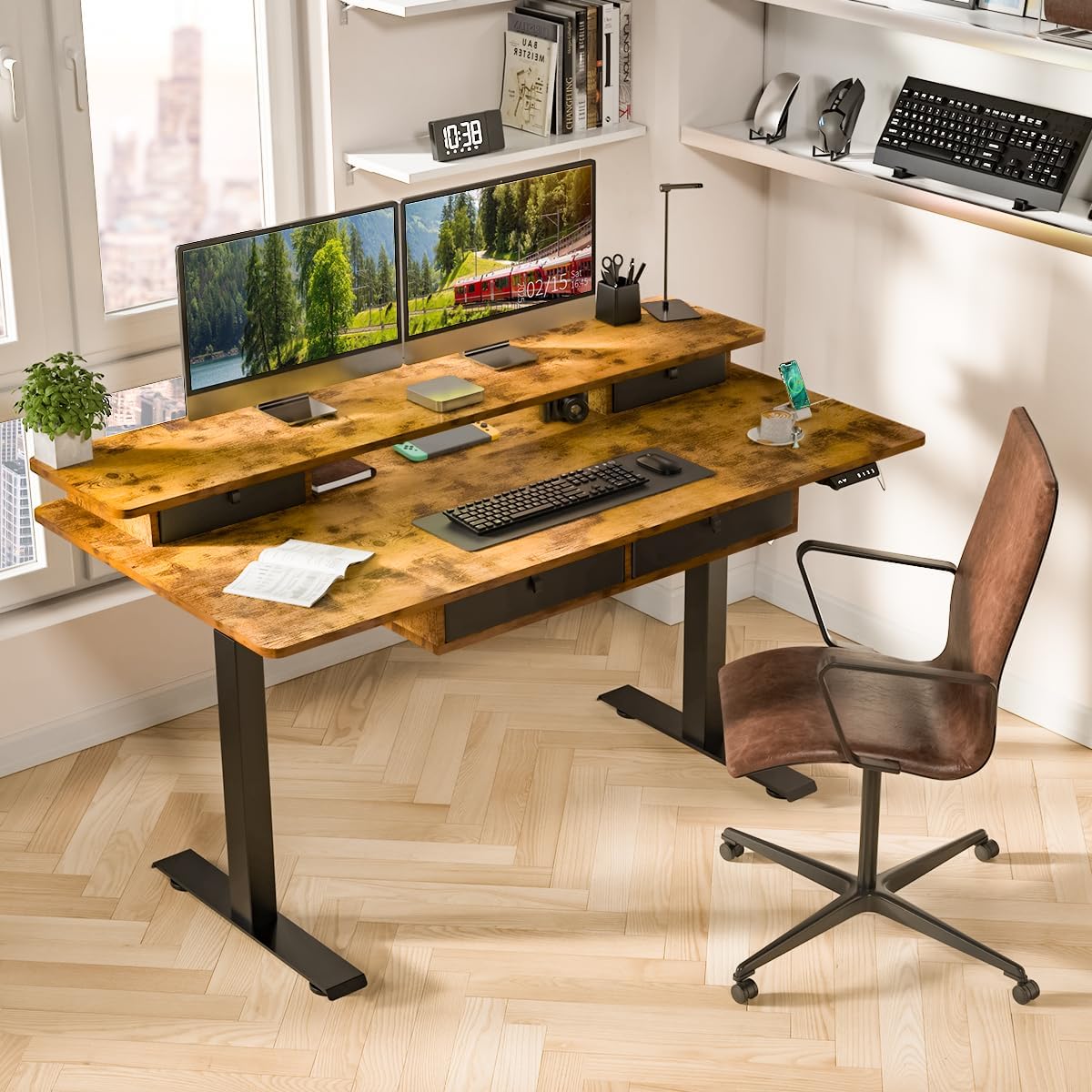 Standing Desk with Fast Charging USB Ports, 63" x 30" Height Adjustable Home Office & Gaming Desk, Sit Stand Desk with Built-in Storage Shelf, Hook & Ergonomic Design(Rustic Brown)