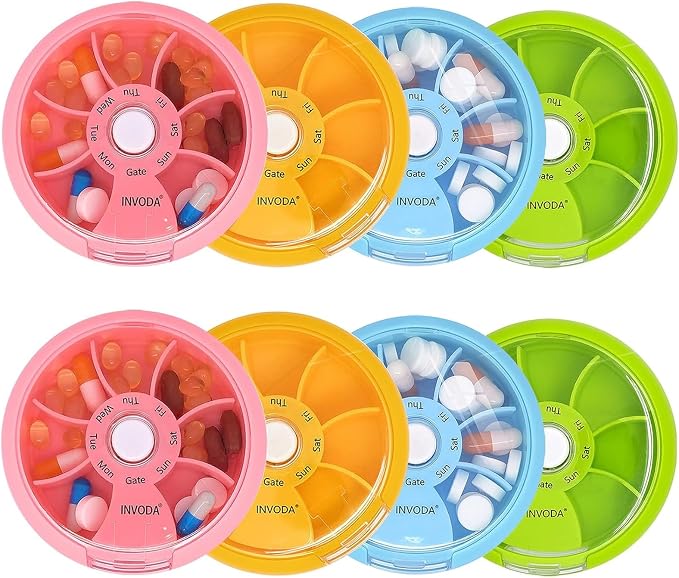 8PCS INVODA Weekly Pill Organizer 7 Compartment Rotating Pill Box