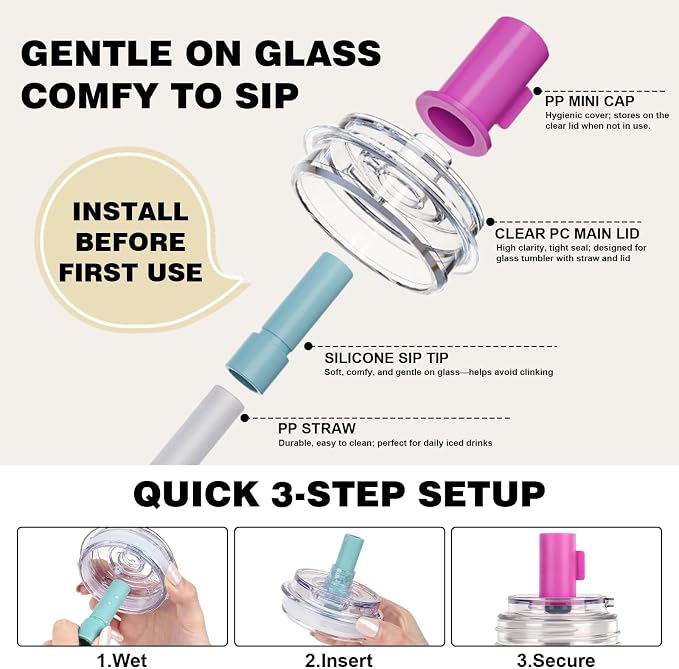 ANOTION 2pc Glass Tumbler with Lids and Straws, Leakproof 24oz Mason Jar Cups, Cap Cup Leak-Proof, Self-Assembly Silicone Straw, Reusable Iced Coffee Smoothie Matcha Cup Aesthetic Coffee Gifts Women
