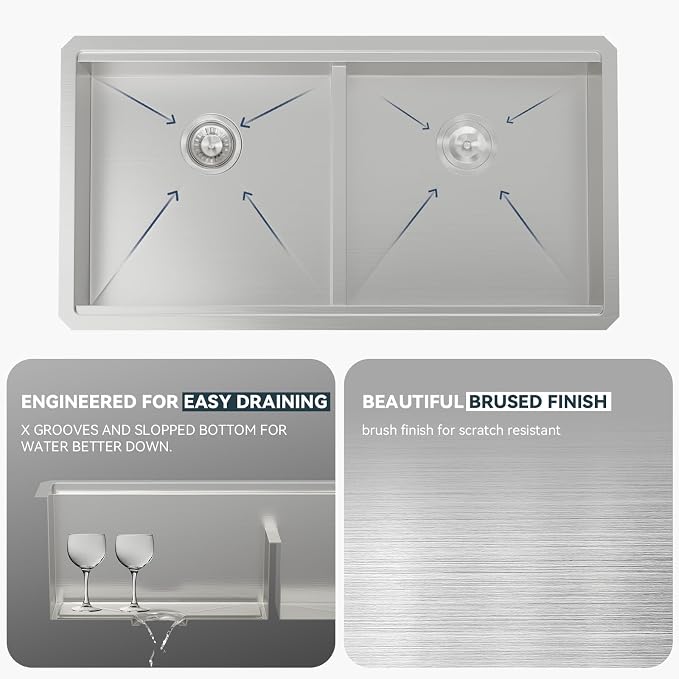 Lordear 36 Inch Undermount Kitchen Sink Double Bowl Stainless Steel Kitchen