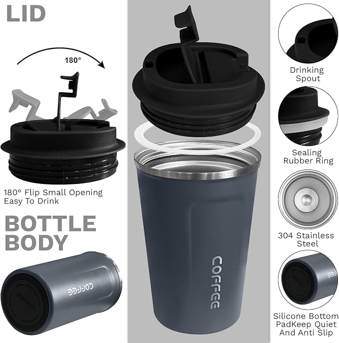 YINBAOGE Insulated Travel Coffee Mug, Spill & Leak Proof, Portable To Go Camping Stainless Steel Coffee Tumbler, Reusable Thermal Coffee Cup with Lid for Hot & Cold Drinks (2nd-Blue, 12 OZ)