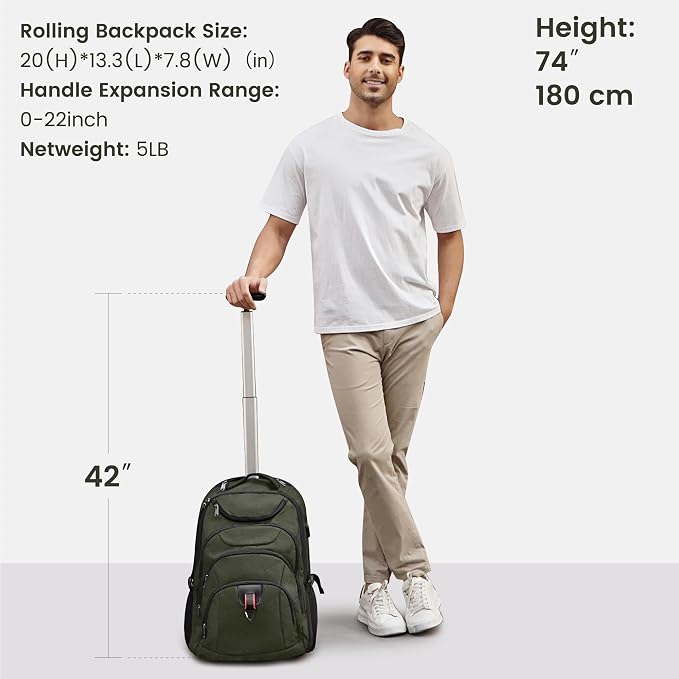 Boavan Rolling Backpack, 17 inch Water Resistant Wheeled Backpack, Carry on