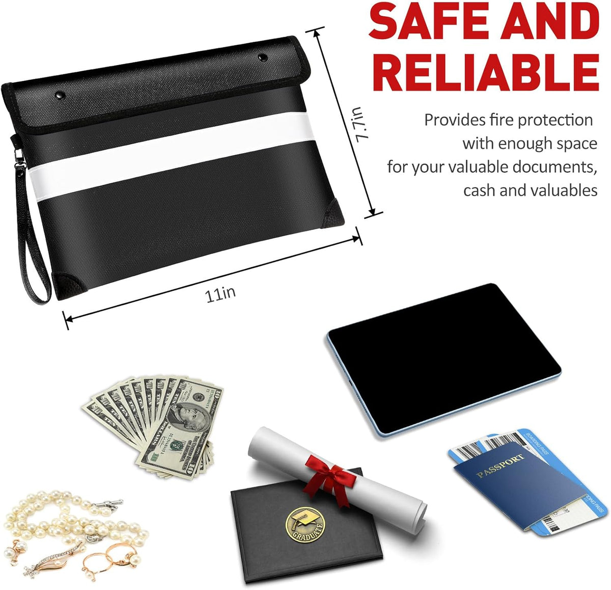Vailoin 6200℉ Insulated Fire Proof Money Bag for Cash,Portable Waterproof Fireproof Document Bag with Reflective Strip,Fireproof Envelope for Cash,Important Documents,Valuables(11"x7.7", Black)