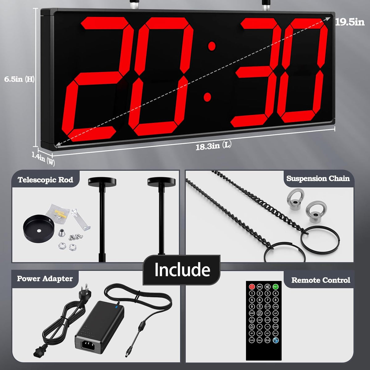 19.5'' Large Digital Wall Clock with Double Sided Display,Multi-Functional LED Hanging Digital Clock with Adjustable Brightness,Suitable for Offices, Warehouses, Corridors (Red)