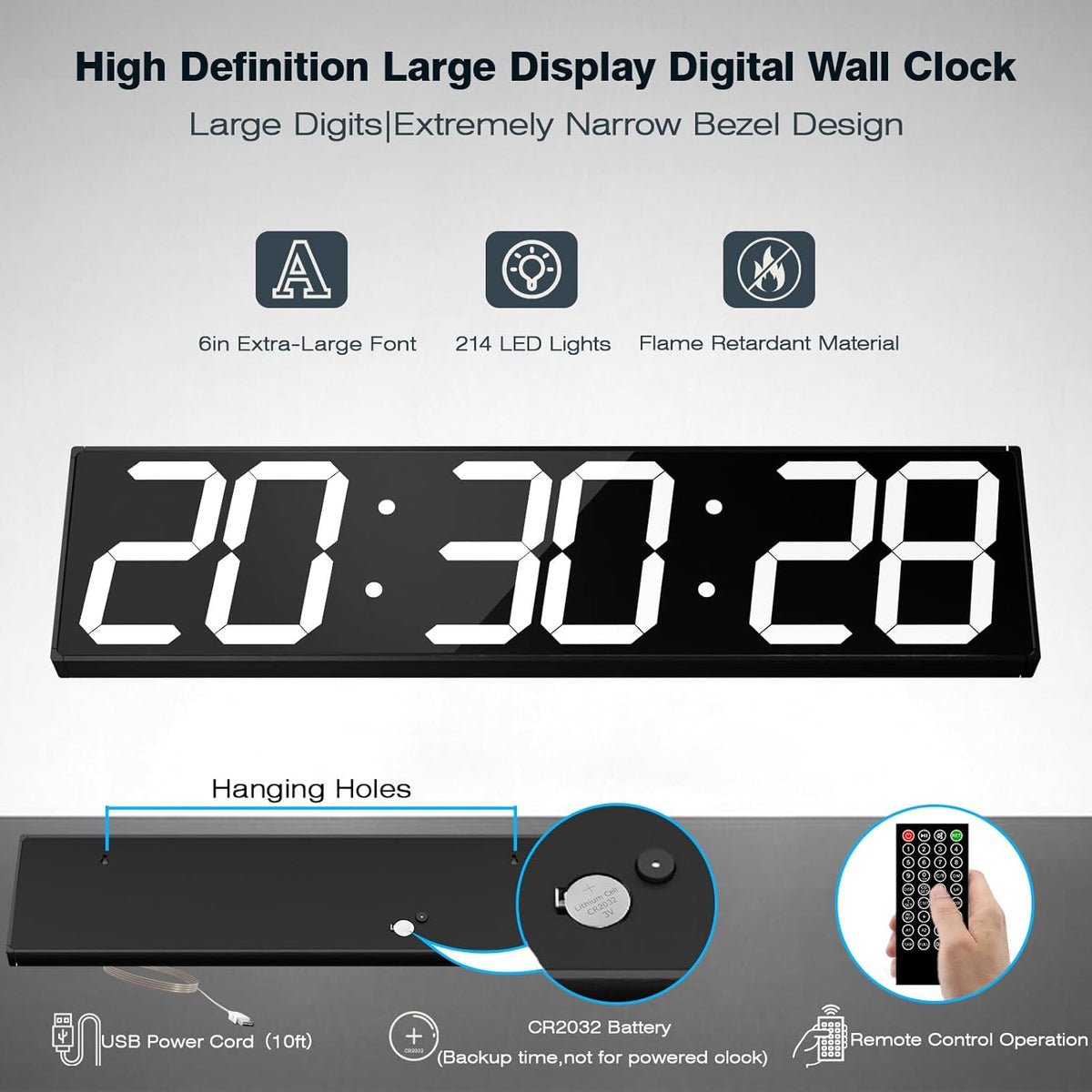 Digital Wall Clock with Large Display, 28.4‘’LED 6-Digit Large Clock with Adjustable Brightness, Multifunction Digital Timer with Countdown and Stopwatch (White)