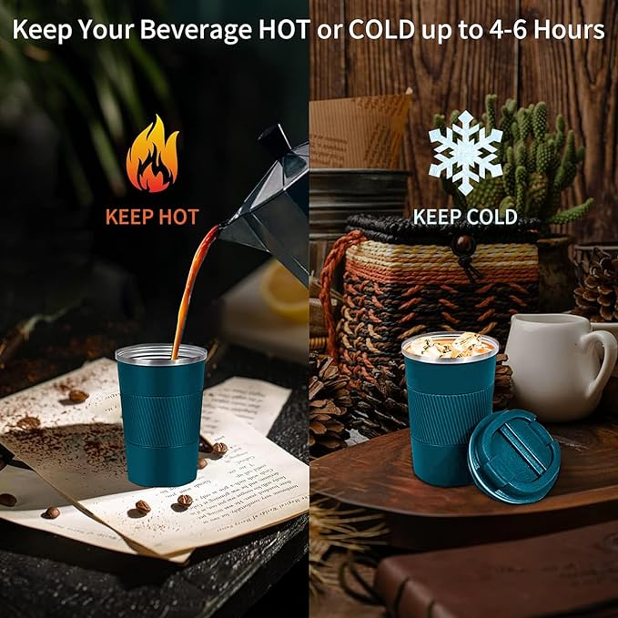 YINBAOGE Insulated Travel Coffee Mug, Spill & Leak Proof, Portable To Go Camping Stainless Steel Coffee Tumbler, Reusable Thermal Coffee Cup with Lid for Hot & Cold Drinks (Blue, 12 OZ)