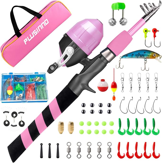 PLUSINNO Kids Fishing Pole, Portable Telescopic Fishing Rod and Reel Combo Kit -