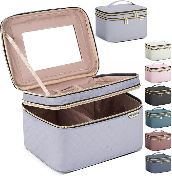 Large Makeup Bag with Mirror Double Layer Travel Make Up Organizer Case