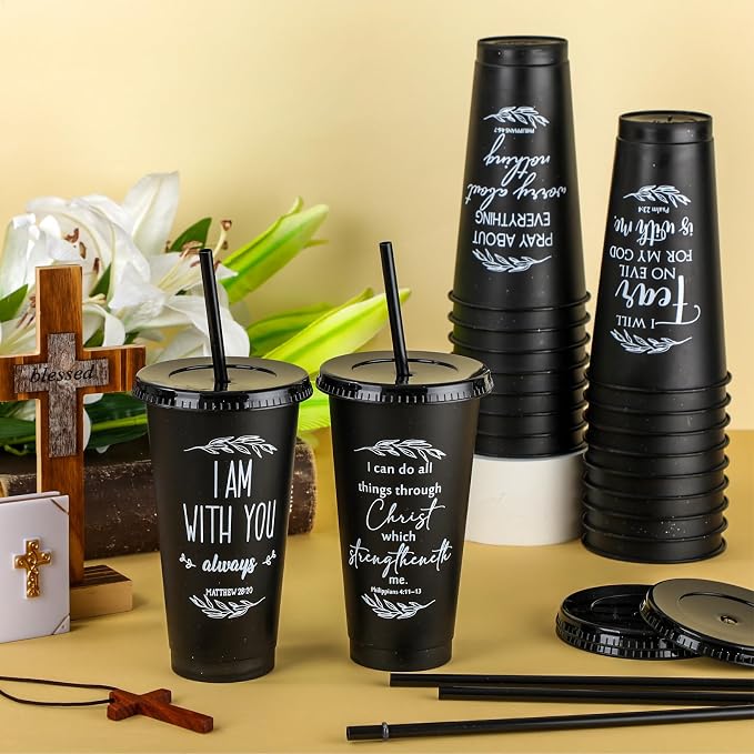 Havawish 48 Pcs Mothers Day Christian Tumbler Gift Bulk Religious Inspirational 24 oz Drinking Jesus Cup with Lid Straw Bible Verse Plastic Cup for Church Father Teacher First Communion (Black)