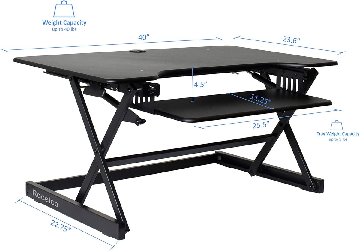 Rocelco 40" Large Height Adjustable Standing Desk Converter - Quick Sit Stand Up Dual Monitor Riser - Gas Spring Assist Computer Workstation - Retractable Keyboard Tray - Black (R DADRB-40)