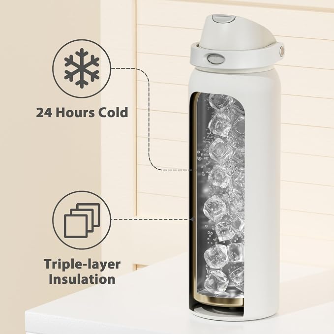 40 oz Insulated Water Bottle with Straw: Meoky Stainless Steel Metal Water Bottle with 2-in-1 Lid - Leak Proof, Cold for 24 Hours, Protective Silicone Base, BPA-Free for Sports Gym, Ivory