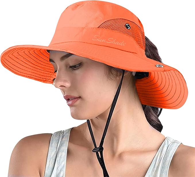 ZOORON Women's Ponytail Safari Sun Hat, Wide Brim UV Protection Outdoor Bucket