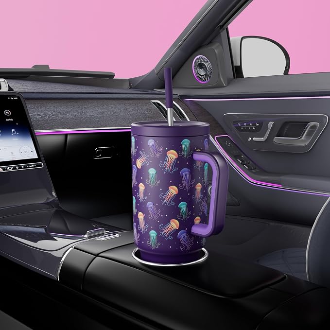 Meoky 40 oz Tumbler with Handle and Straw: Glow in the Dark Tumbler with Lid and Straw - Stainless Steel Insulated Tumbler for Car Cup Holders - Travelers Commuters Workers, Jellyfish