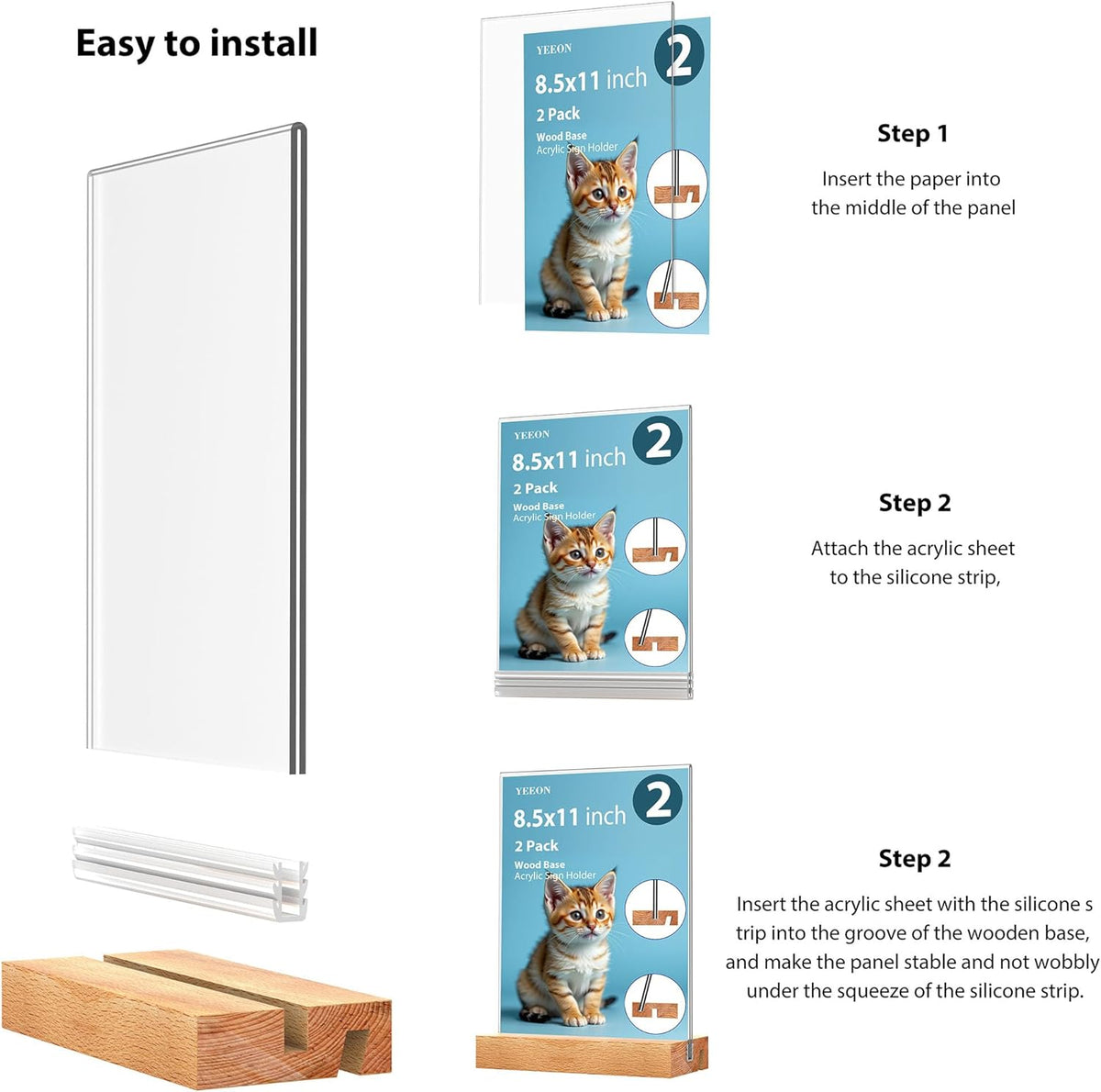 Acrylic Sign Holder with Wooden Base, Desktop Display Stand (8.5x11 2Pack)