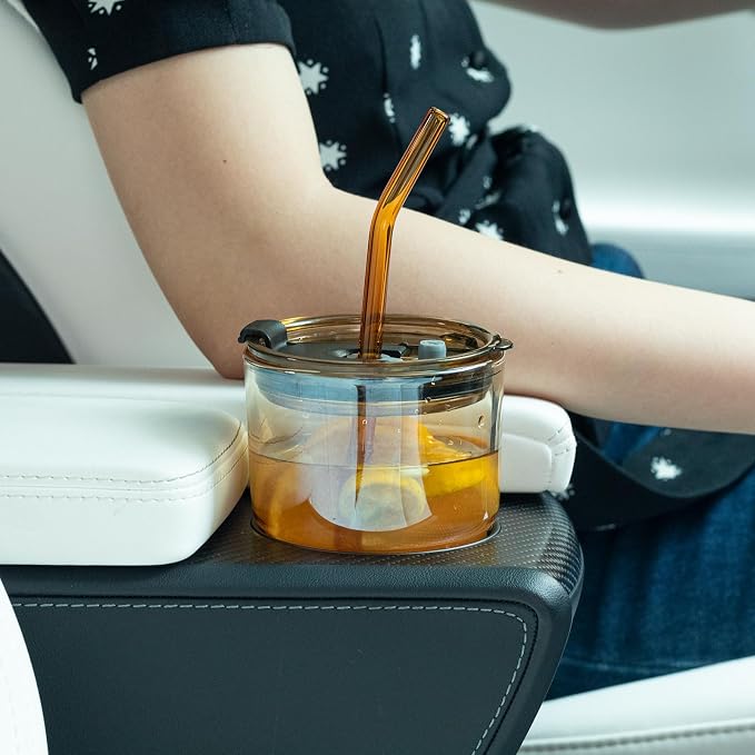 BLUEPOLAR 13oz/400ml Tumbler Water Glass, Cups with Straw and Lid Sealed Carry on for Coffee, Iced Tea, Thick Wall Insulated Glass Cup（Amber 2-Pack）
