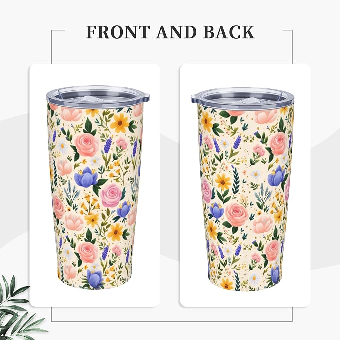 Floral Tumbler with Lid and Straw 20oz Vacuum Insulated Coffee Cup Stainless Steel Tumblers Leakproof Travel Mug Present for Women Men